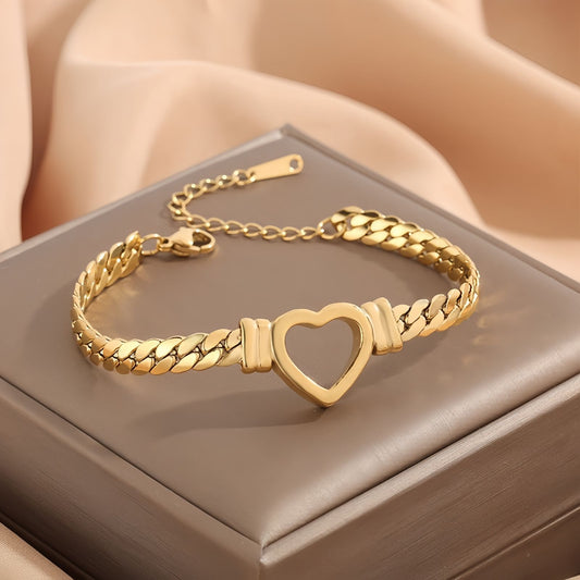 Heart Bracelet for Women, Open Heart Cuban Link Chain Bracelet