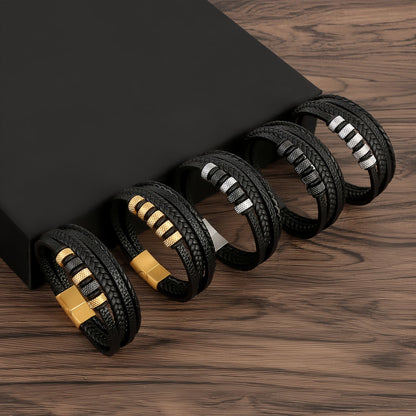 Men’s Geometric Textured Stainless Steel Leather Bracelet