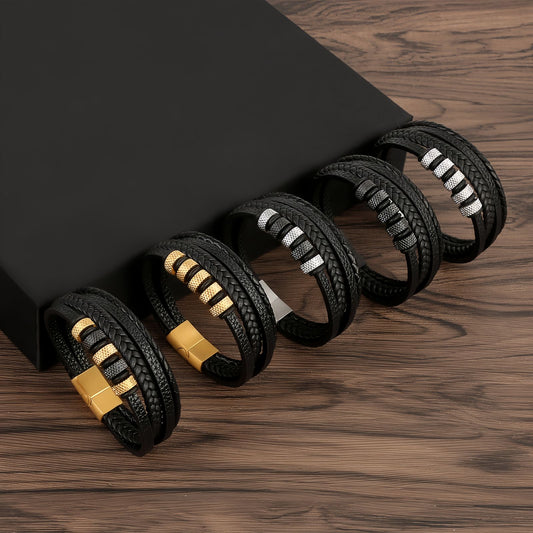 Men’s Geometric Textured Stainless Steel Leather Bracelet