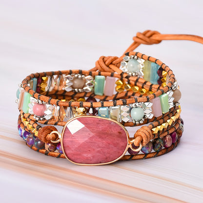 Rhodonite Wrap Bracelet for Women, Beaded Leather Bracelet, Boho Multi-Layer Design