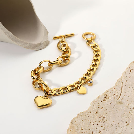 Heart Charm Cuban Oval Link Chain Bracelet