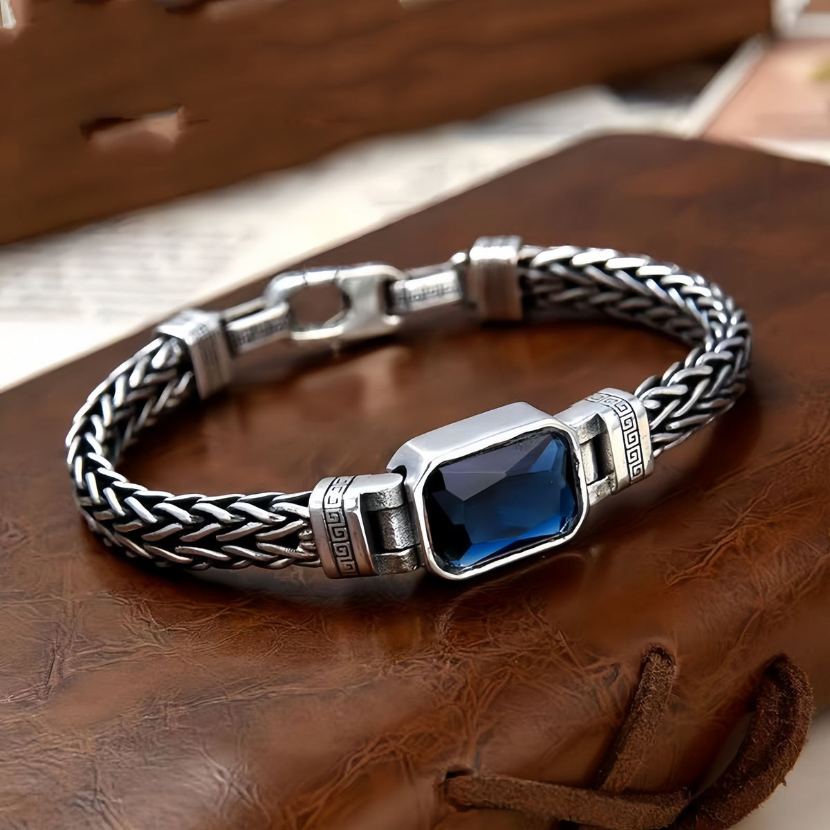 Blue Zircon Braided Chain Bracelet, Vintage Bracelet for Men and Women