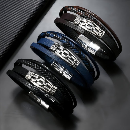 Men’s Layered Leather Bracelet with Vintage Chain Inlay