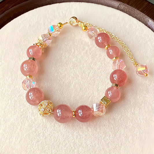 Strawberry Quartz Beaded Bracelet with Gold Accents