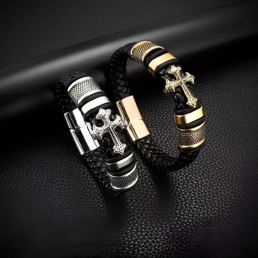 Punk-Inspired Cross Charm Men’s Double-Braided Leather Bracelet