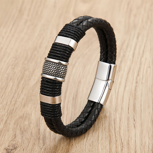 Layered Leather Steel Punk Men's Bracelet