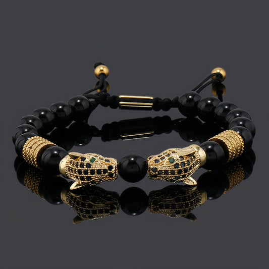 Dual Panther Head Beaded Bracelet