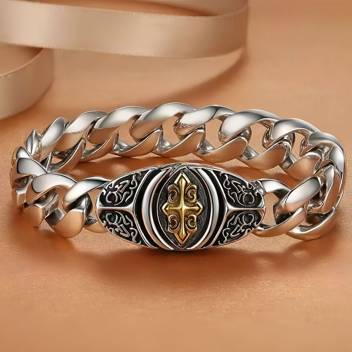 Vintage Carved Men's Cross Cuban Chain Bracelet