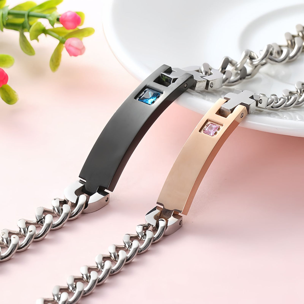 Cross Bar Curb Chain Couple Bracelet Set