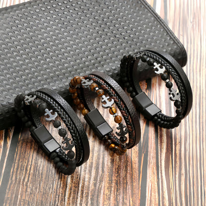 Men’s Tiger Eye Obsidian Beaded Leather Bracelet