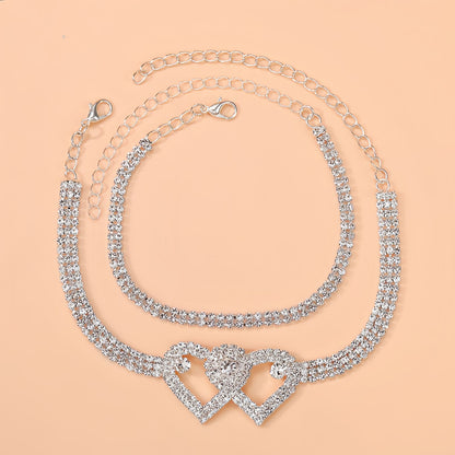 Rhinestone Anklet for Women, Double Heart Ankle Bracelet, Layered Anklet Set