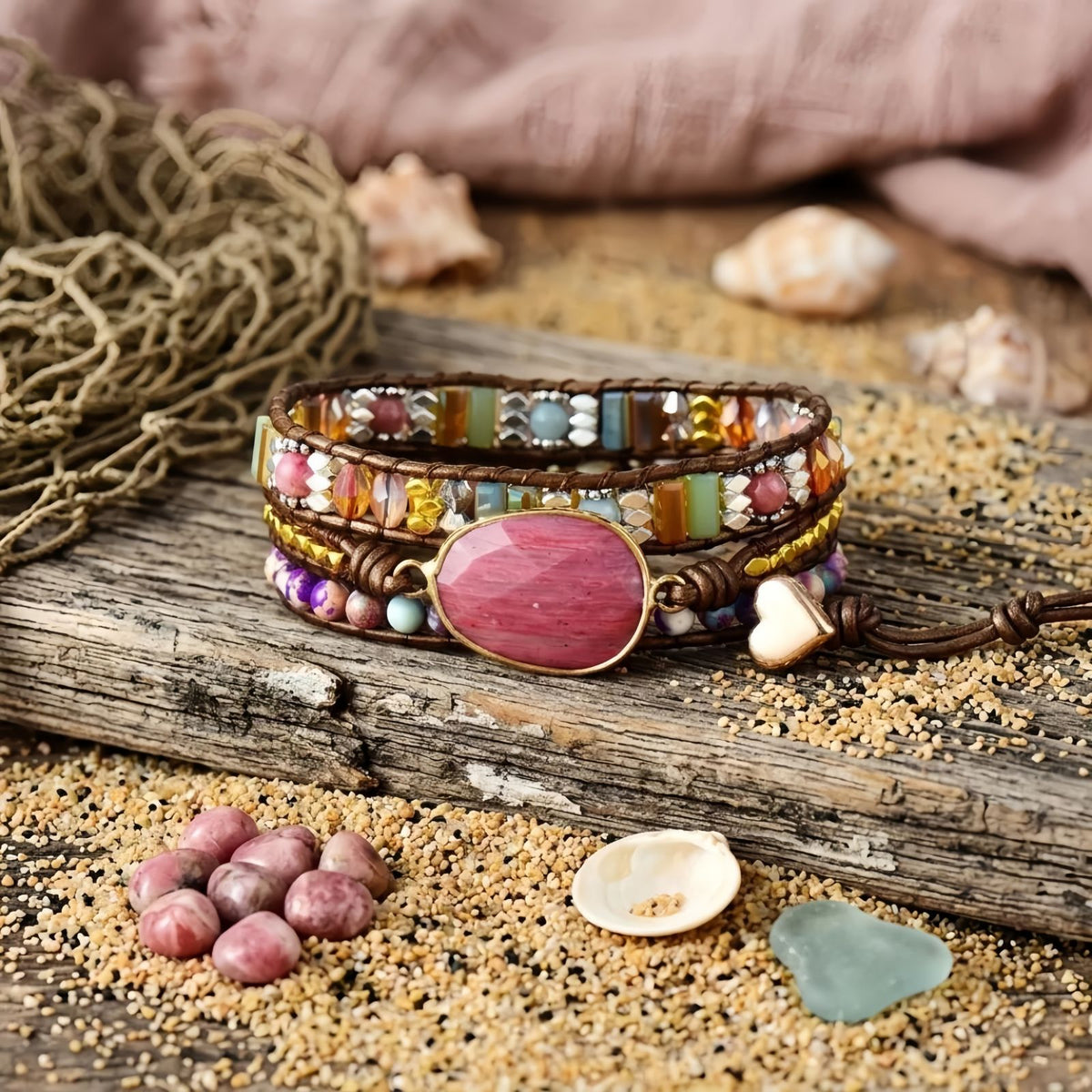 Rhodonite Wrap Bracelet for Women, Beaded Leather Bracelet, Boho Multi-Layer Design