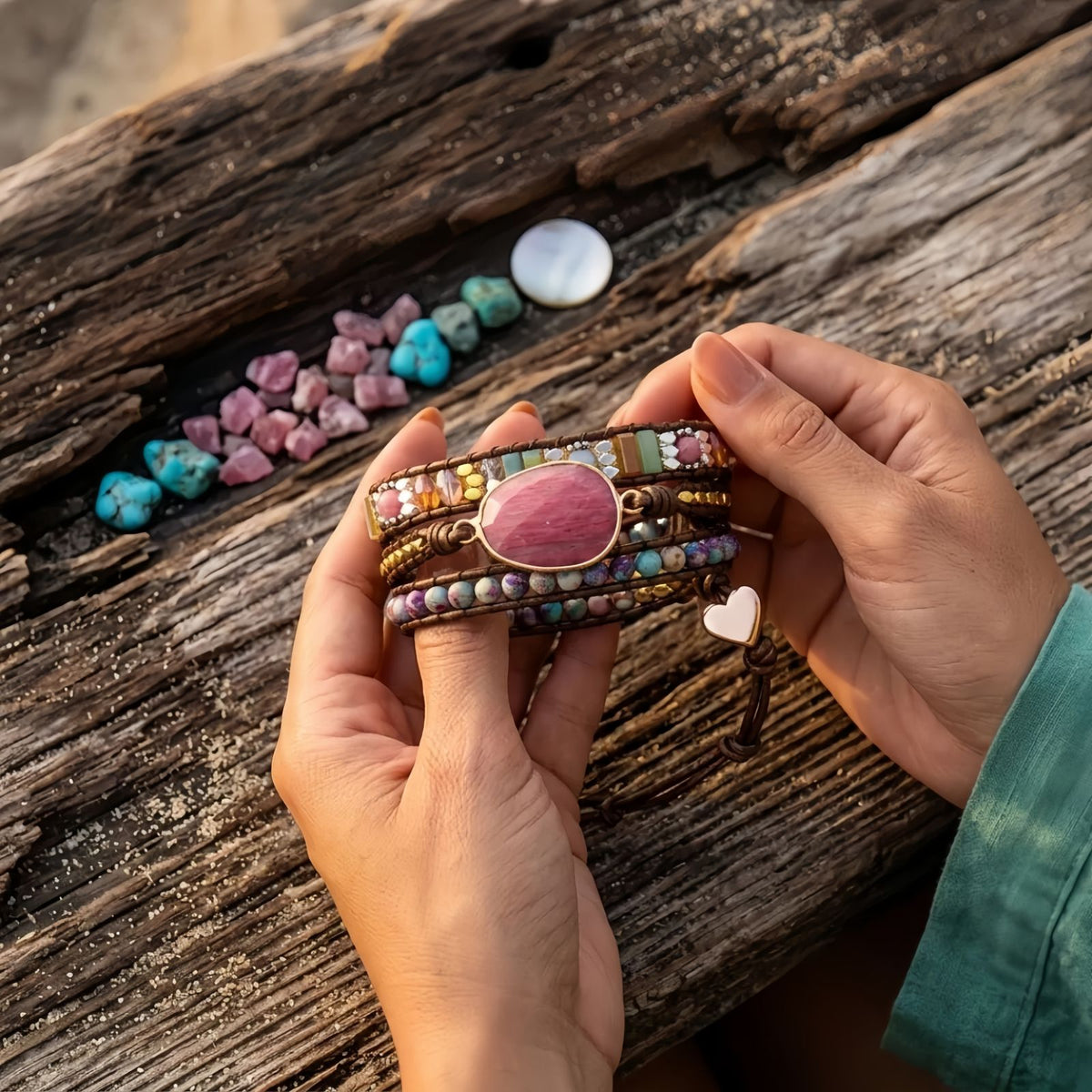 Rhodonite Wrap Bracelet for Women, Beaded Leather Bracelet, Boho Multi-Layer Design
