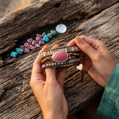 Rhodonite Wrap Bracelet for Women, Beaded Leather Bracelet, Boho Multi-Layer Design