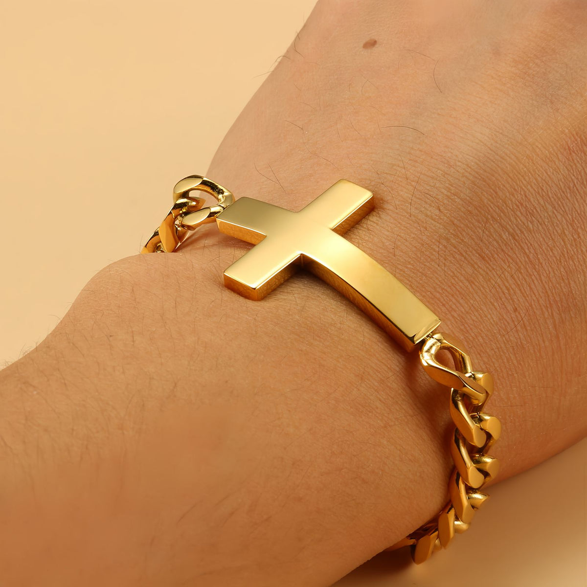 Horizontal Cross Gold Cuban Link Bracelet
