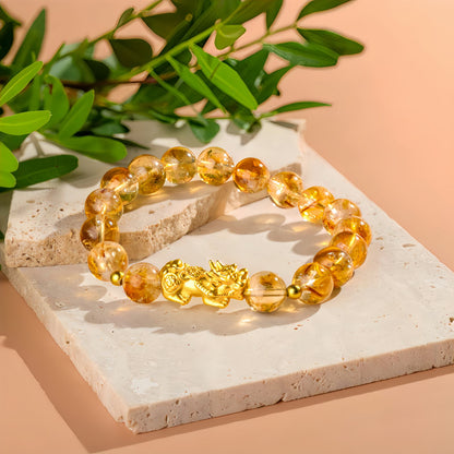 Citrine Beaded Bracelet with Gold Pi Xiu Charm