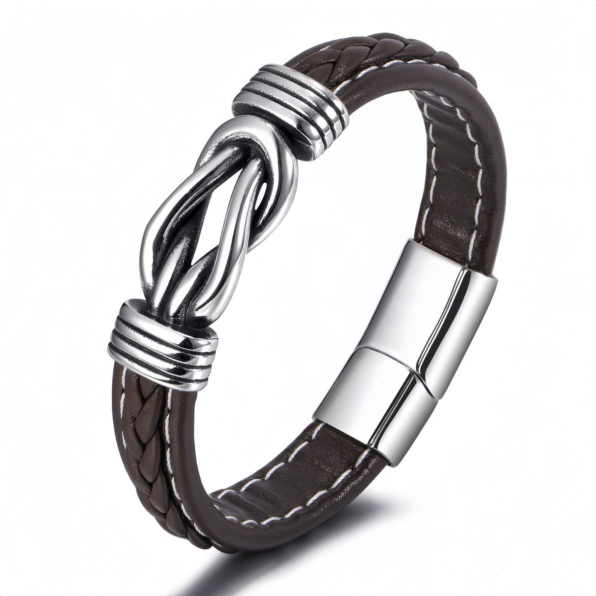Stainless Steel Knot Men’s Braided Leather Bracelet