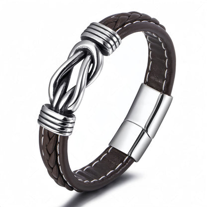 Stainless Steel Knot Men’s Braided Leather Bracelet