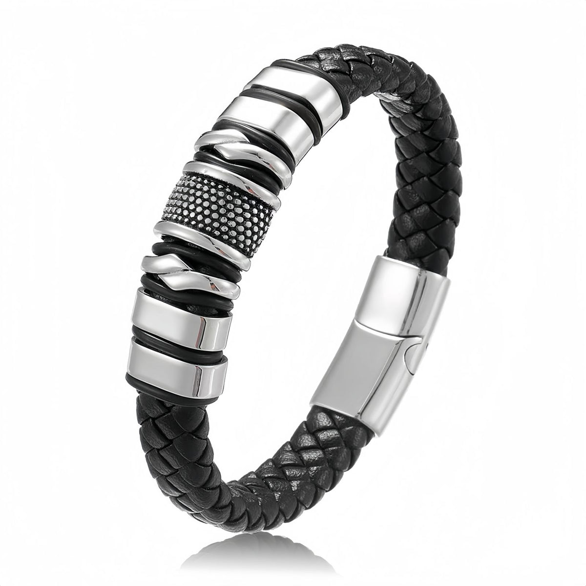 Men's Leather Bracelet with Stainless Steel Design, Braided Leather Wristband