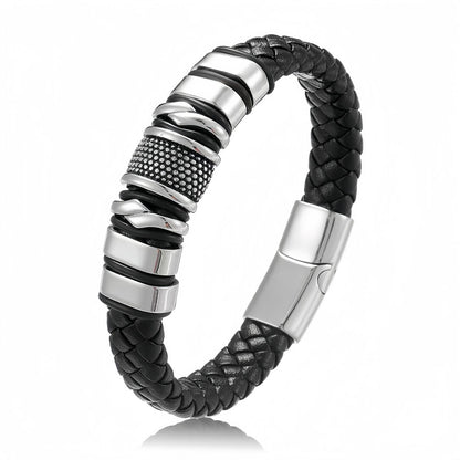 Men's Leather Bracelet with Stainless Steel Design, Braided Leather Wristband
