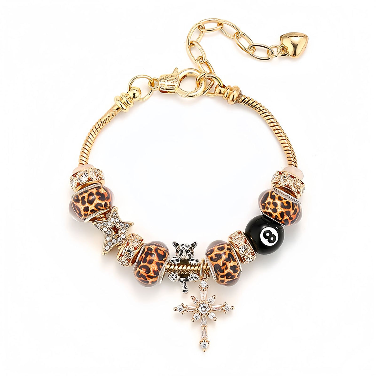 Leopard Bead Cross Charm Bracelet