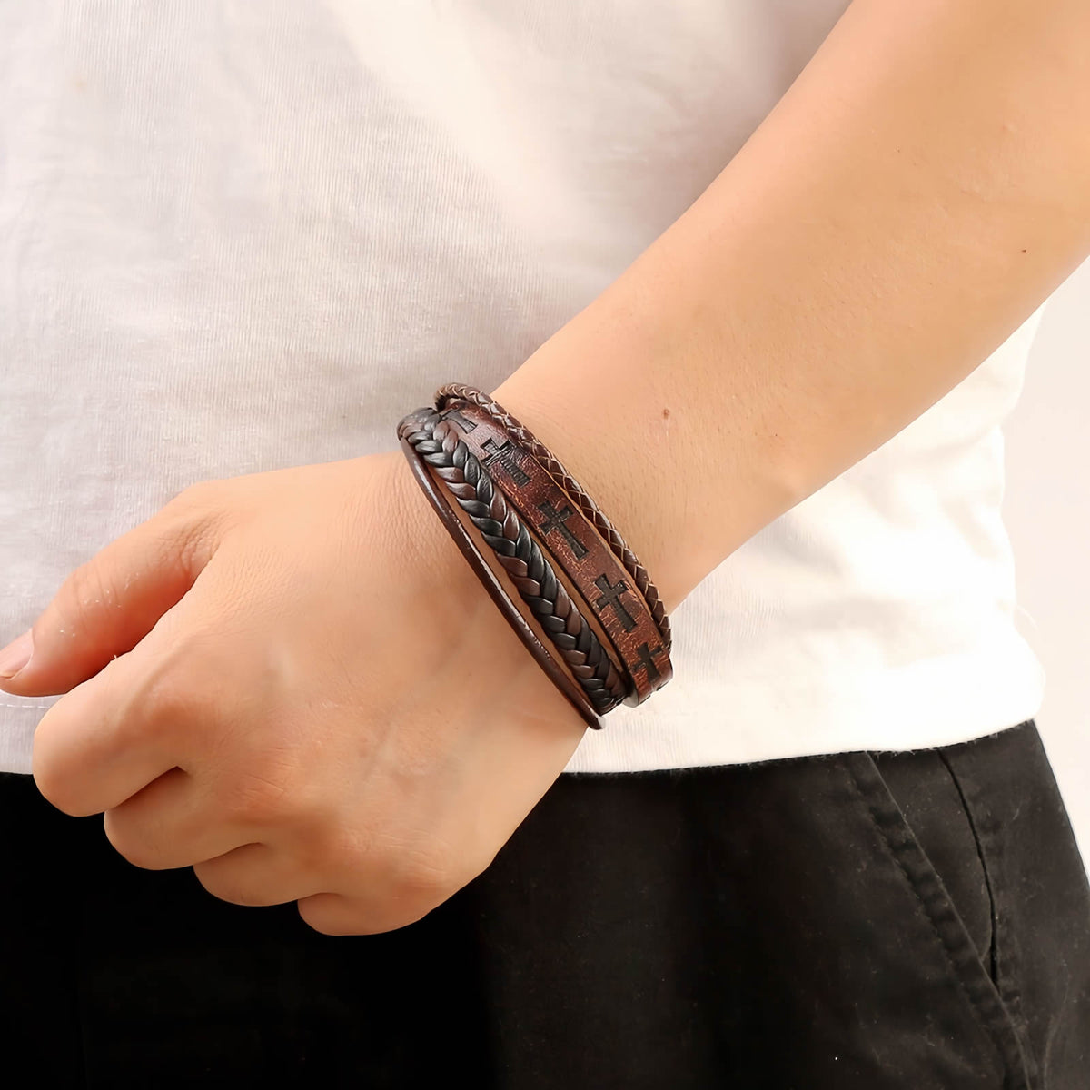 Men's Cross Leather Bracelet