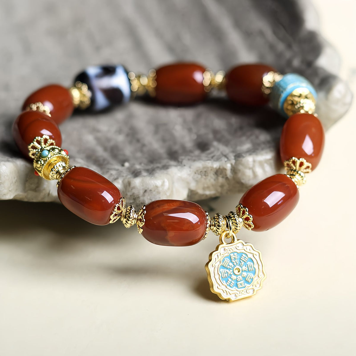 Red Agate Barrel Bead Bracelet with Gold Accents