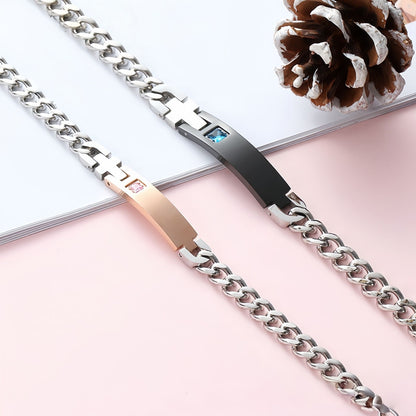 Cross Bar Curb Chain Couple Bracelet Set