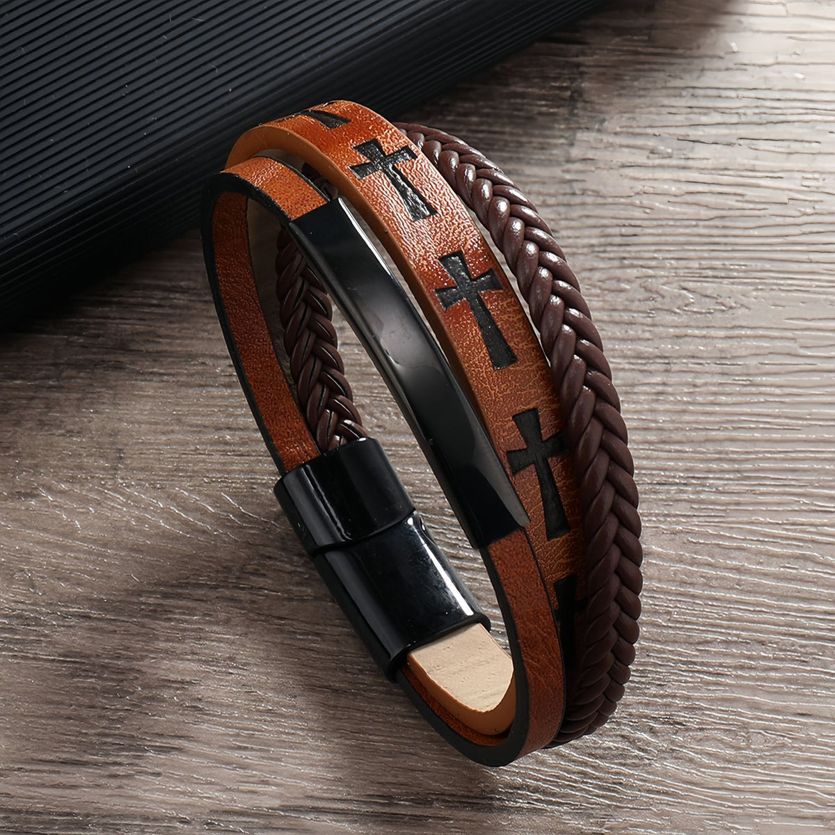 Cross Pattern Multi-Layer Men’s Leather Bracelet