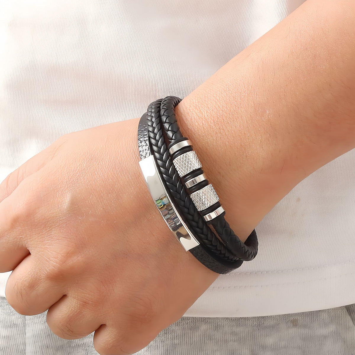 Men’s Geometric Multi-Layer Leather Bracelet