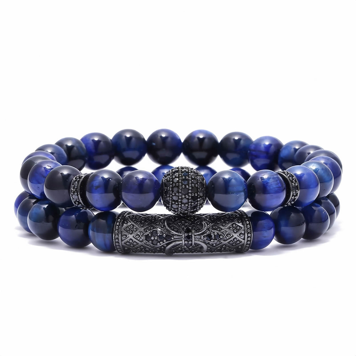 Tiger Eye Beaded Bracelet with CZ Pave Ball & Carved Copper Tube