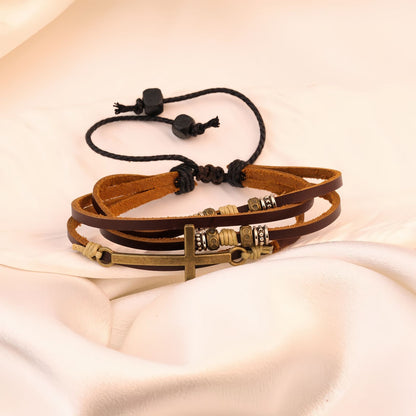 Women’s Layered Cross Leather Bracelet