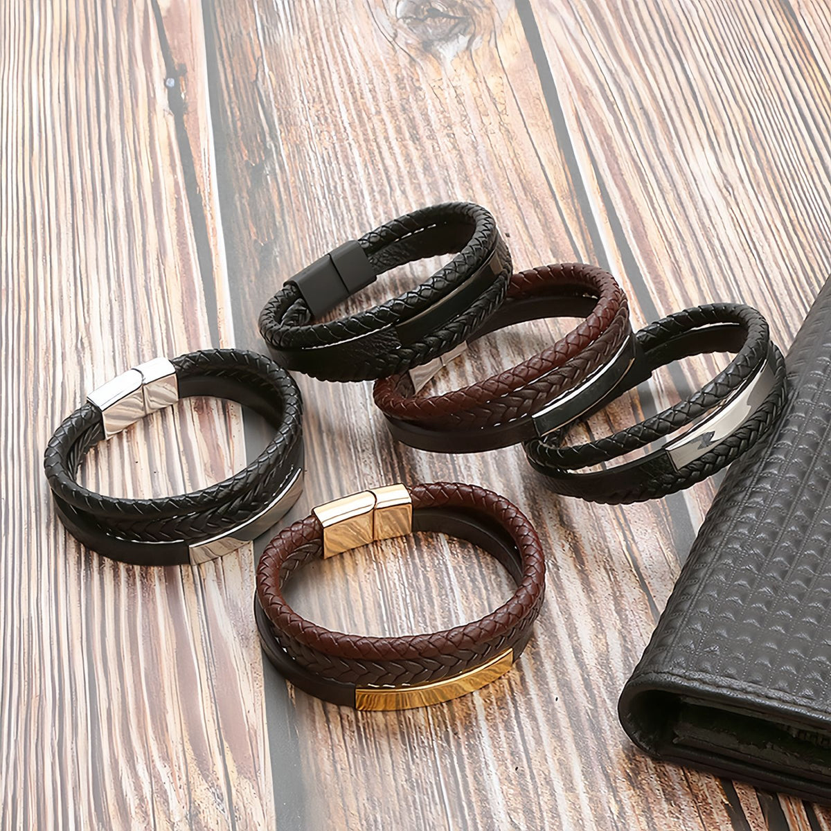 Geometric Bar Layered Leather Bracelet for Men