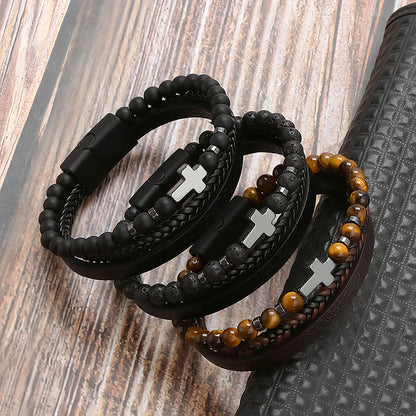 Men's Cross Natural Stone Beads Leather Bracelet