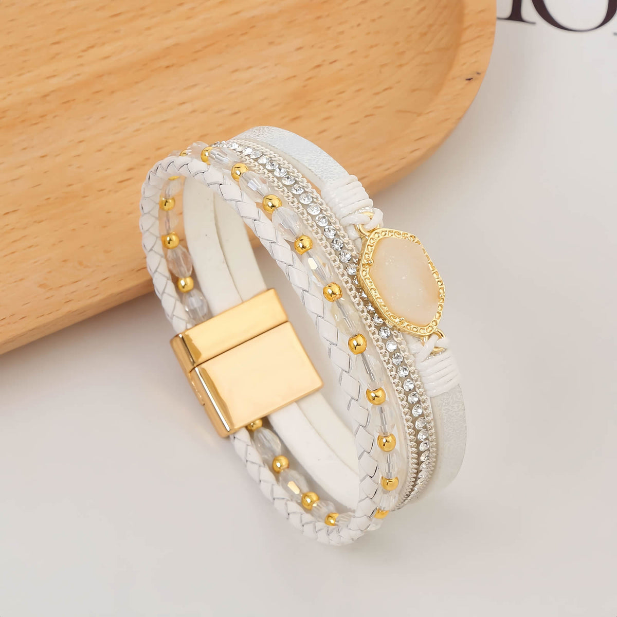 Boho Leather Wrap Bracelet with Crystal Beads & Clasp