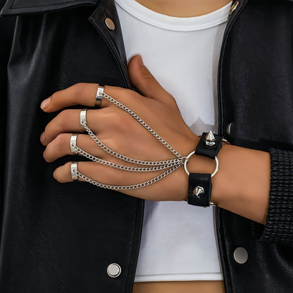 Men's Hand Chain Bracelet with Finger Rings, Gothic Punk Ring Bracelet