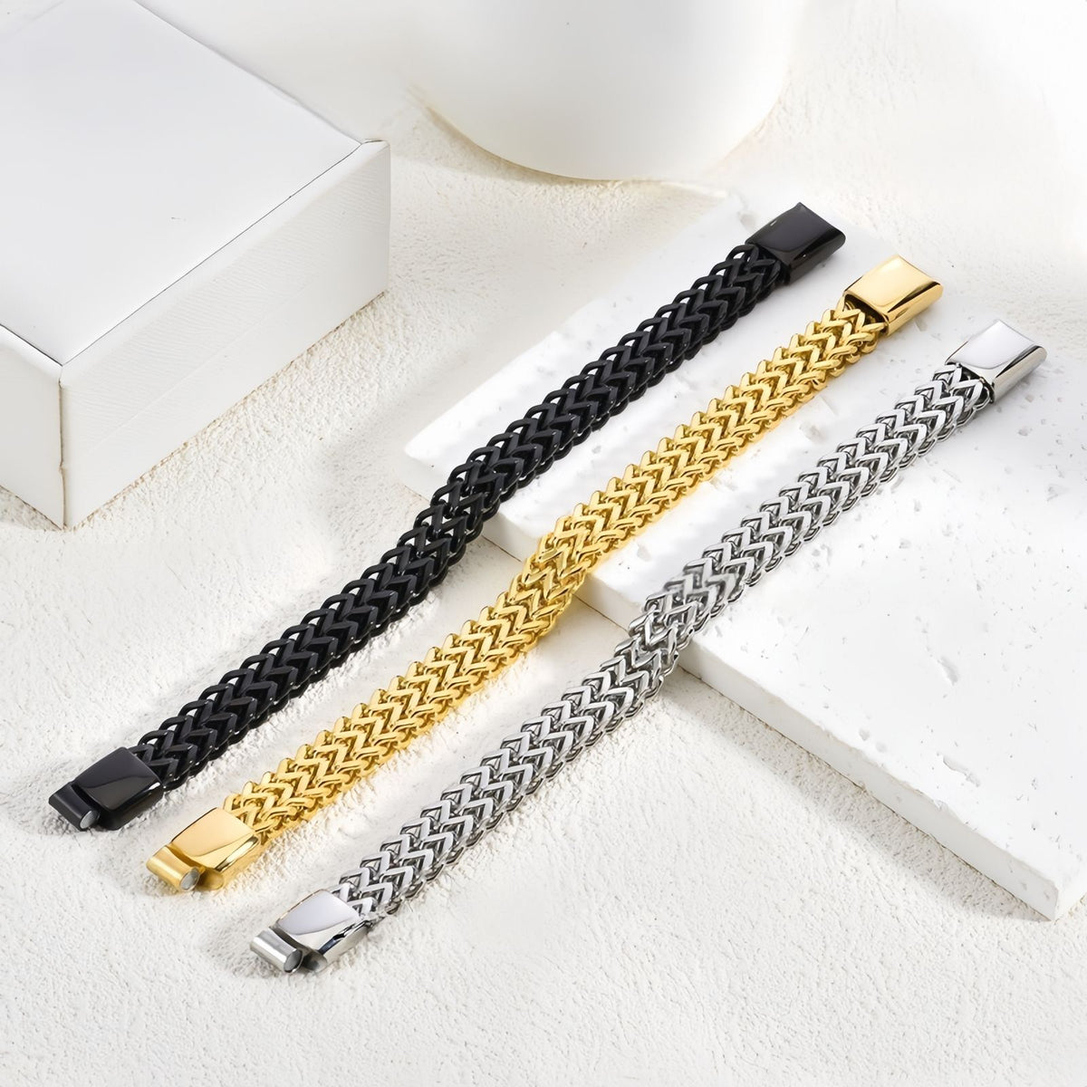 Men's Double-Row Polished Stainless Steel Bracelet