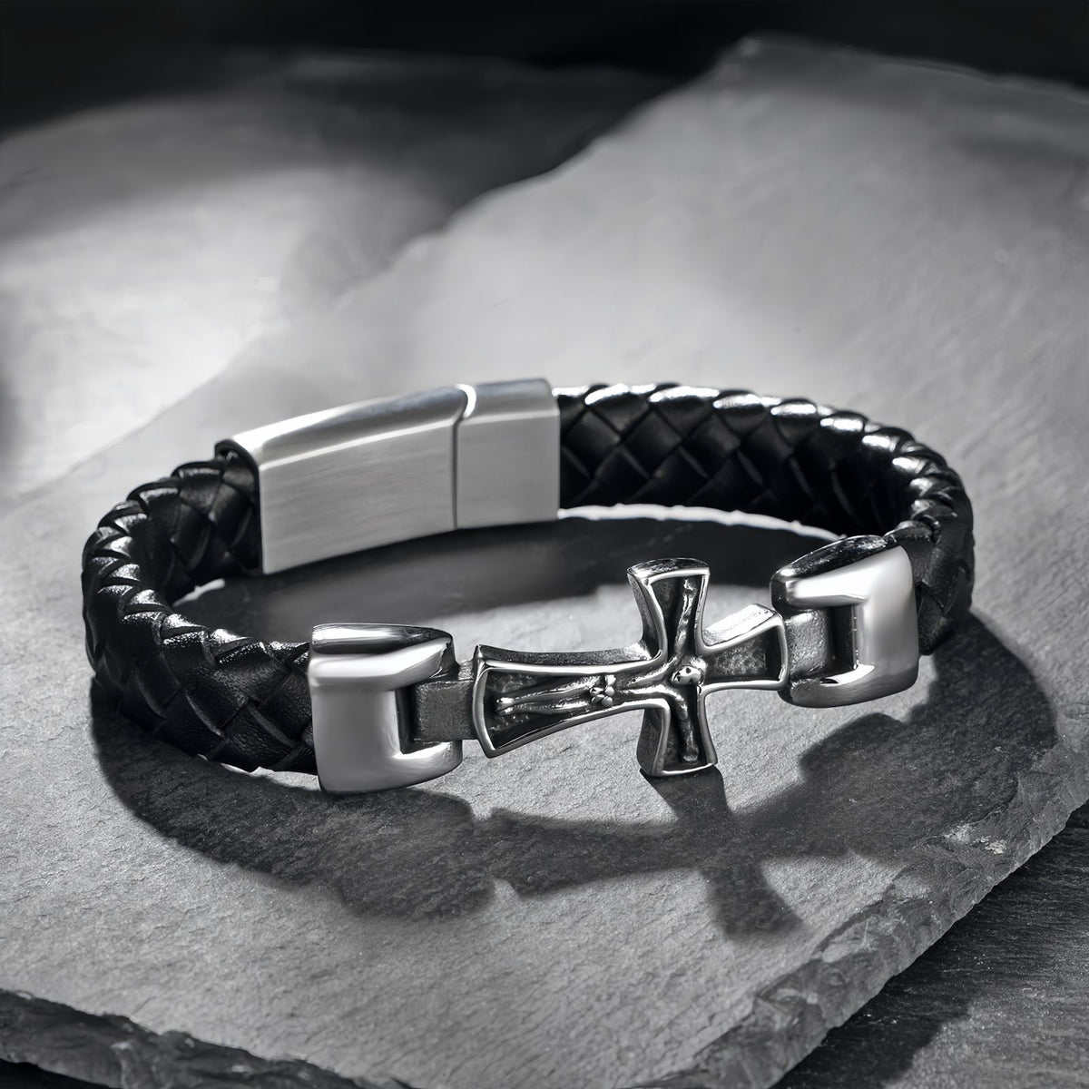 Men's Engraved Cross Leather Bracelet
