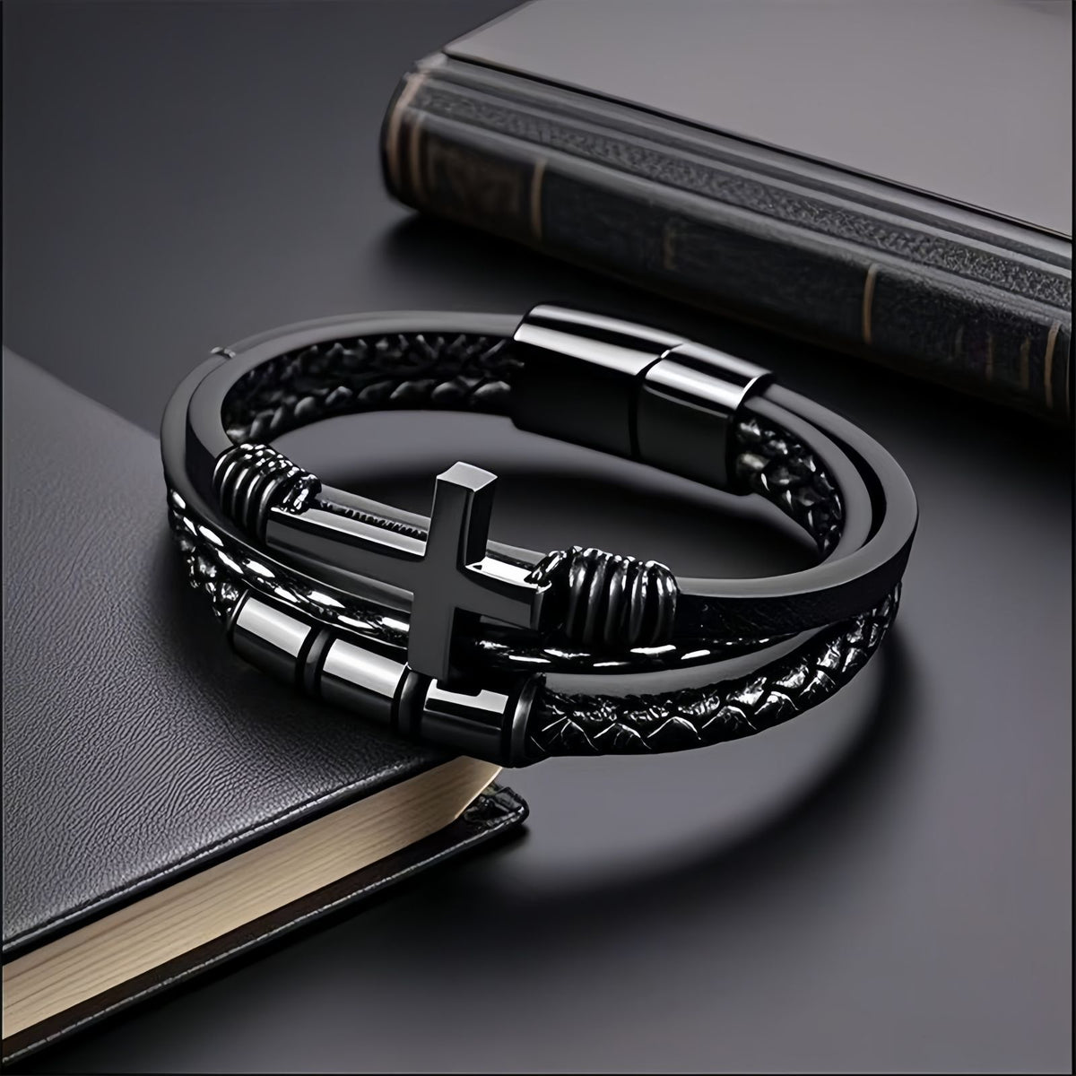 Men's Tube Bead Leather Bracelet with Cross