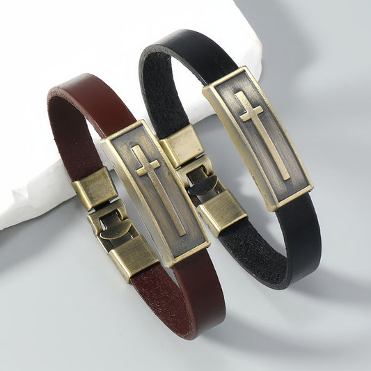 Vintage Leather Christian Cross Bracelet