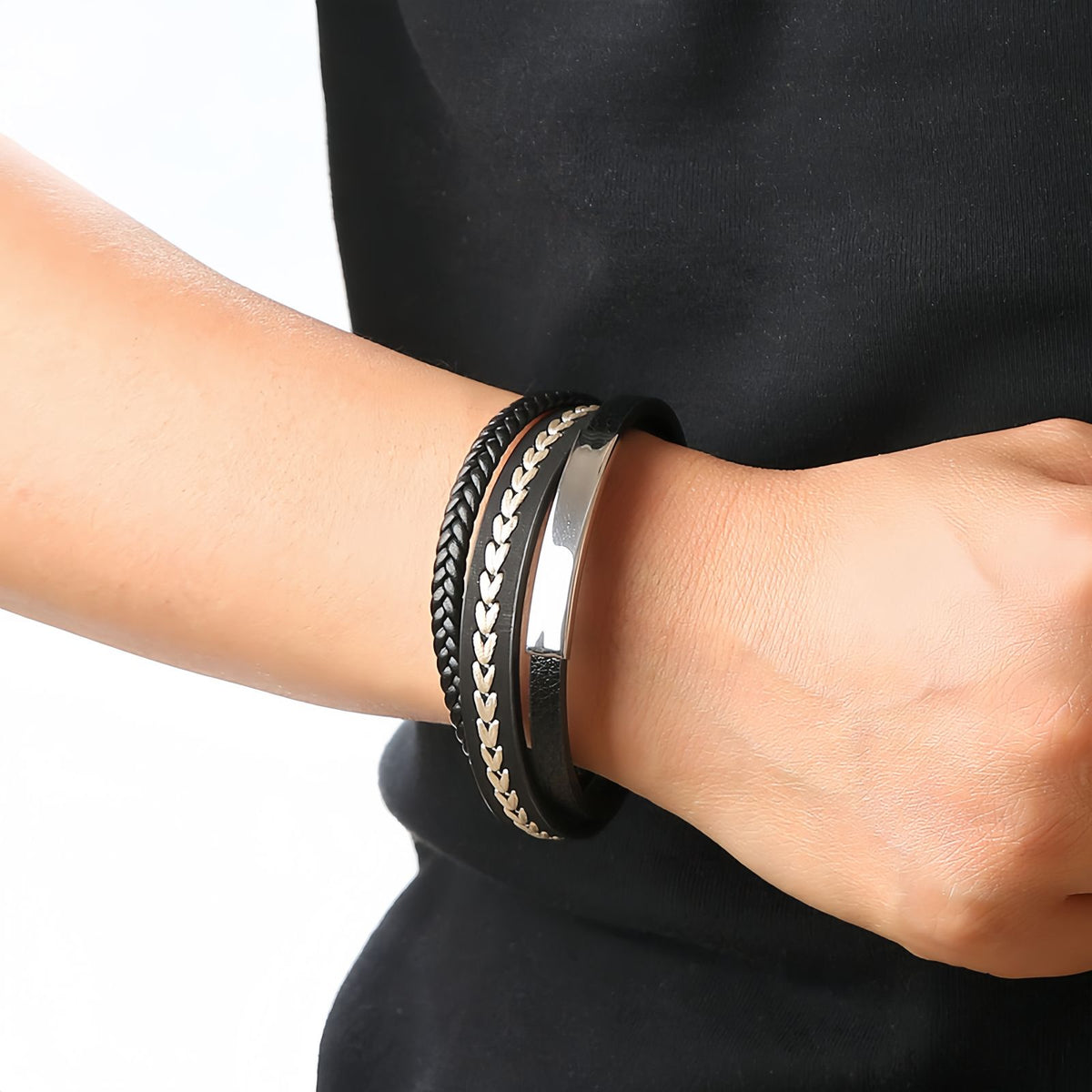 Leaf Stitch Multi-Layer Braided Leather Bracelet
