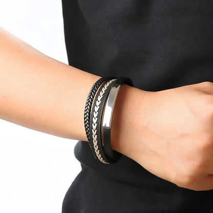 Leaf Stitch Multi-Layer Braided Leather Bracelet