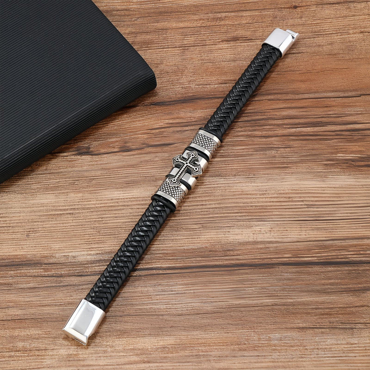 Cross Shield Braided Leather Men's Bracelet
