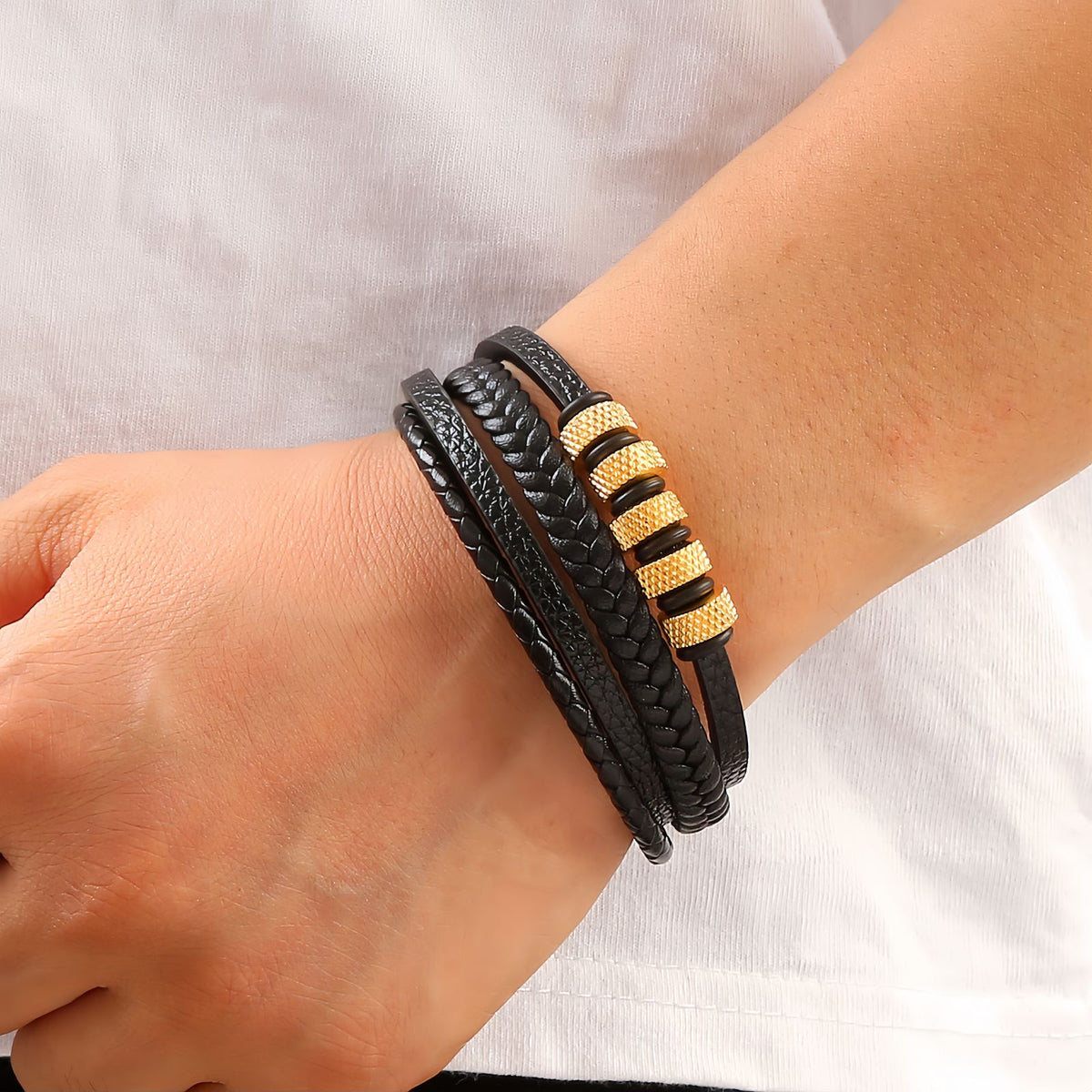 Men’s Geometric Textured Stainless Steel Leather Bracelet