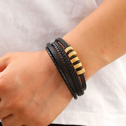 Men’s Geometric Textured Stainless Steel Leather Bracelet