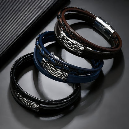 Men’s Layered Leather Bracelet with Vintage Chain Inlay