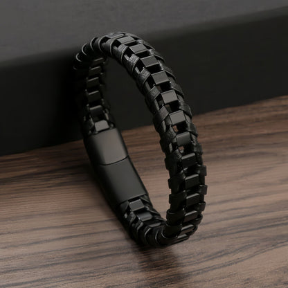 Cubic Metal Link Leather Bracelet