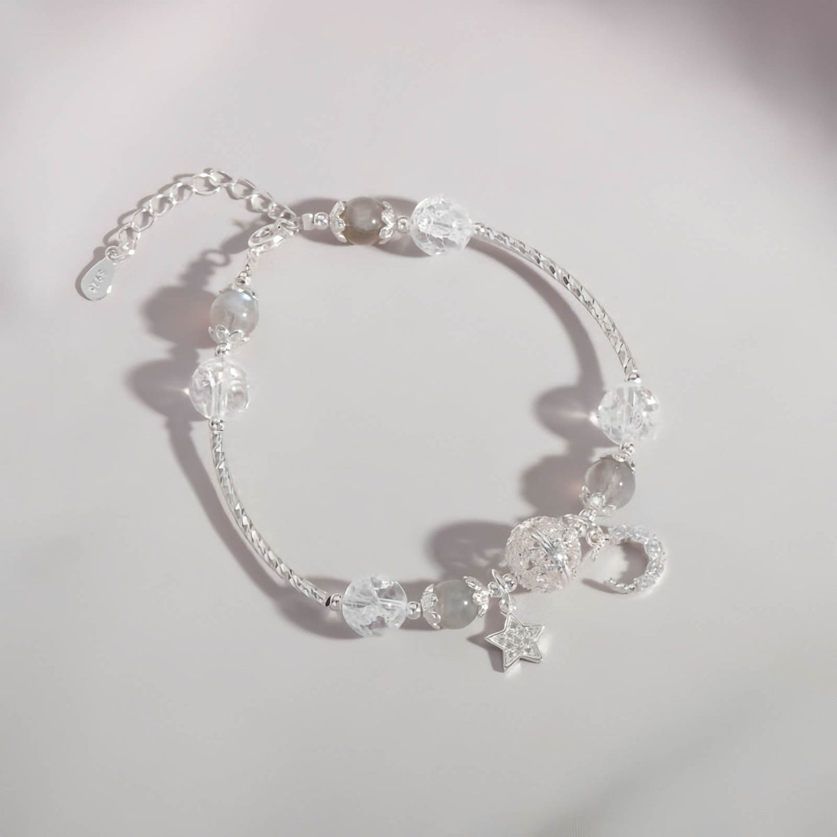Moonstone Crystal Beaded Bracelet with Star & Moon Pendant