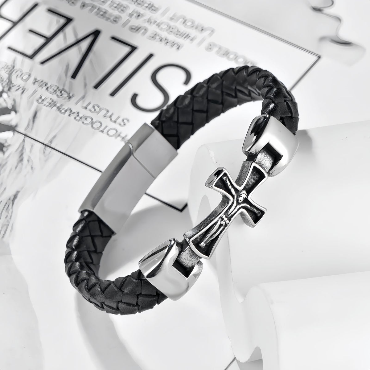 Men's Engraved Cross Leather Bracelet