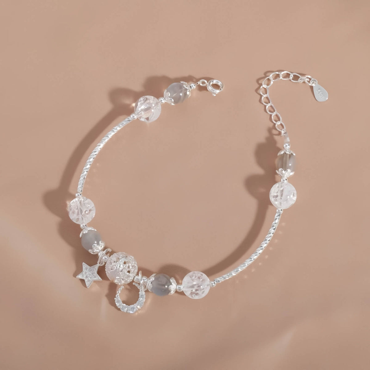 Moonstone Crystal Beaded Bracelet with Star & Moon Pendant